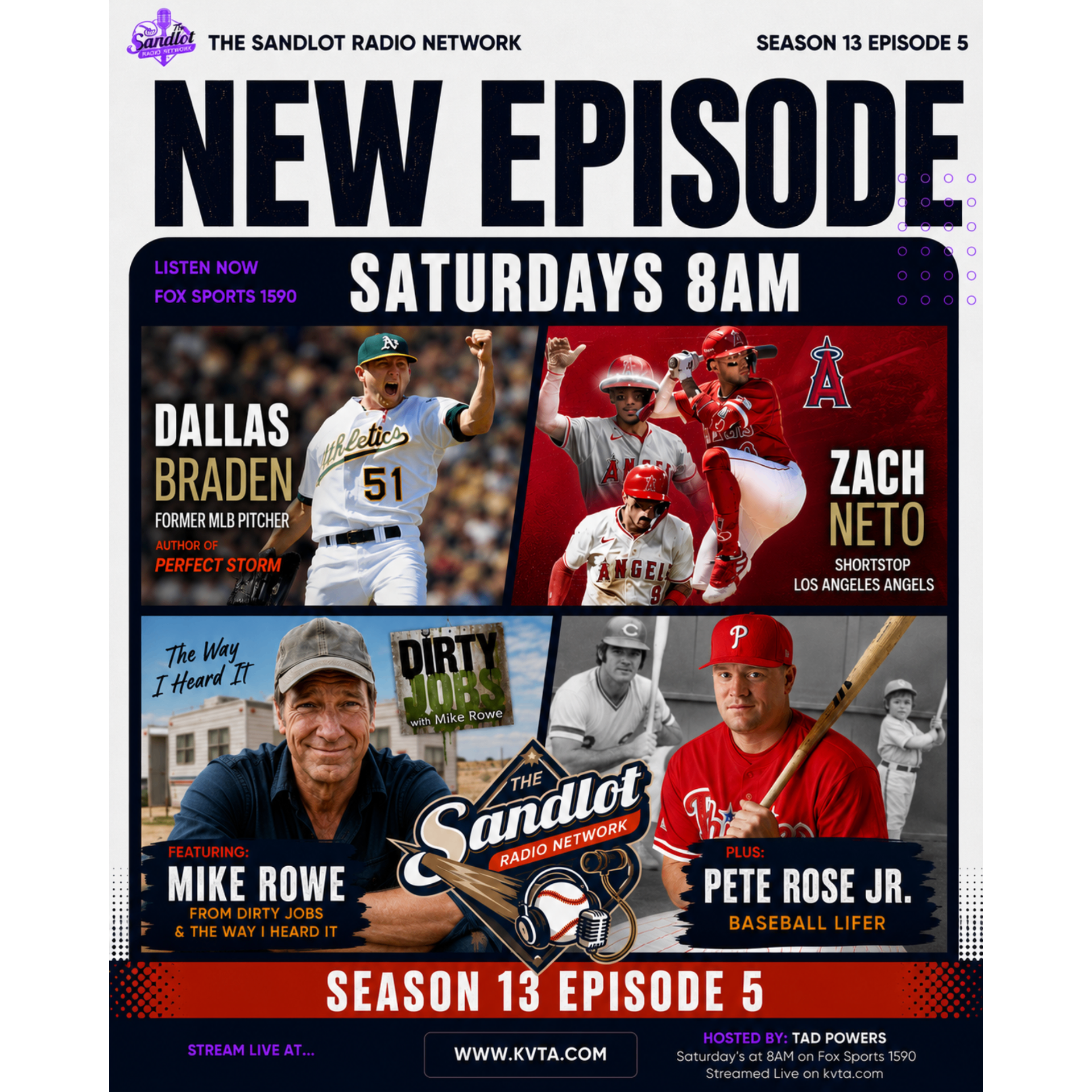 This week on the Sandlot Radio Network — Season 13 Episode 5 featuring Dallas Braden, Zach Neto, Mike Rowe and Pete Rose Jr.